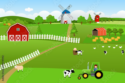 A colorful cartoon farm scene with buildings animals and a tractor
