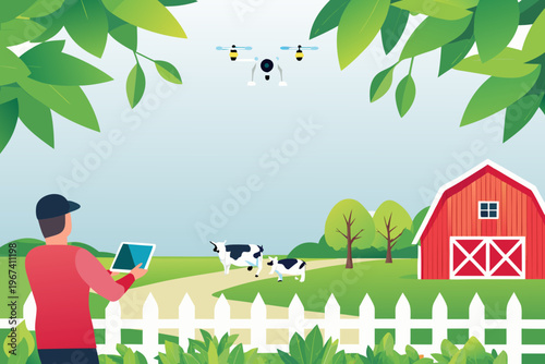 Drone surveying farmland with a farmer monitoring from a tablet