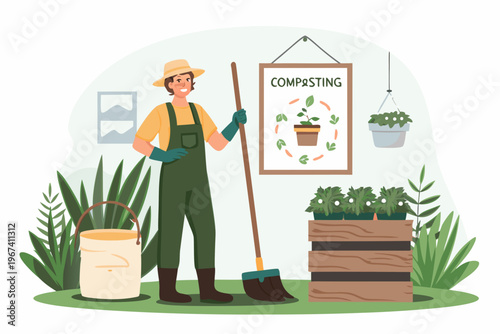 A gardener demonstrates composting methods with tools and plants