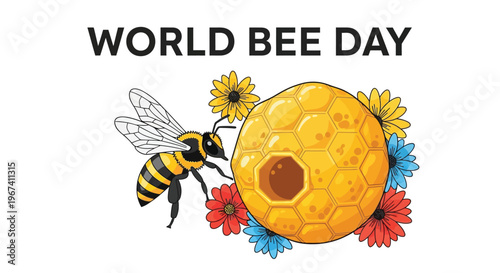 Celebrating world bee day with a bee honeycomb and colorful flowers