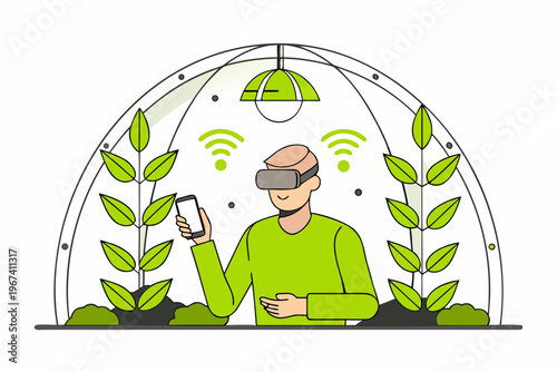 Person using vr headset with plants and wireless signals around them