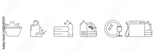 House cleaning icon set featuring dishwashing liquid plates laundry basin soap dispenser towels and dishwasher for domestic sanitary chores.