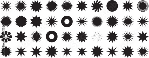 Vintage sunburst and starburst vector shapes collection with varying point density for retro labels and promotional badge icons.