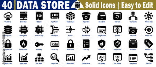 Data store solid icons. Easy to edit with different elements such as cloud drive server rack ssd unit tape archive database cube object store vector illustration.