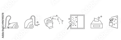 
Gemini said
House cleaning icons featuring vacuum cleaner window squeegee spray bottle wiping hand and tissue box for domestic sanitary maintenance services.