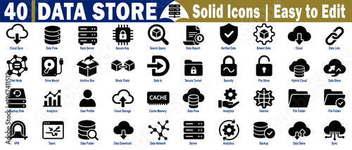 Data store solid icons set. Easy to edit with different elements such as cloud sync data flow, rack server secure key search query data report, and vector illustration.