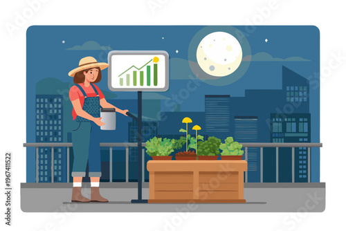 Rooftop gardener presents growth data with a chart under the moonlight