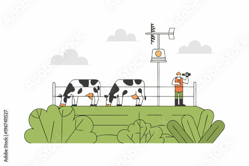 A farmer photographing cows near a rural weather station landscape