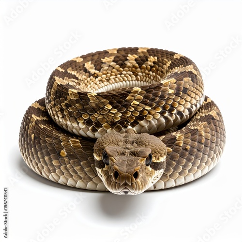 Detailed studio photograph of a venomous rattlesnake coiled in a resting position isolated on a white background, showing textured brown and tan scales and the triangular head.