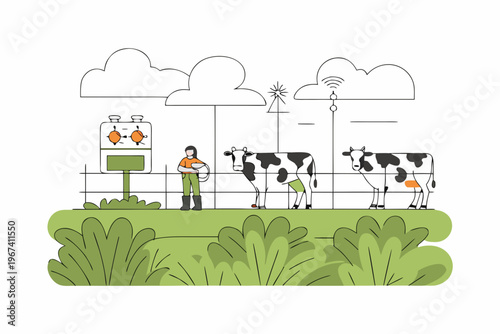 Modern dairy farm illustration with farmer cows and technology