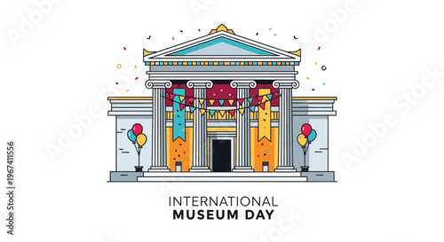 Festive illustration of a classical building celebrating international museum day