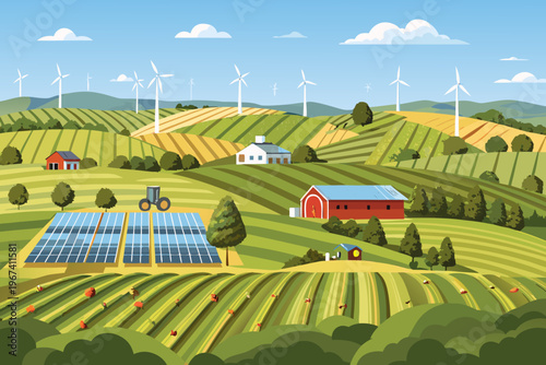 Rural landscape featuring a farm wind turbines and solar panels