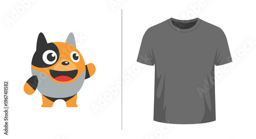 Cartoon cat character next to gray t shirt in simple studio lighting for branding