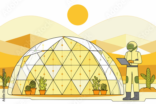 A futuristic greenhouse in the desert with a scientist working nearby