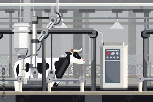 Automated dairy farm with robotic arm milking a black and white cow