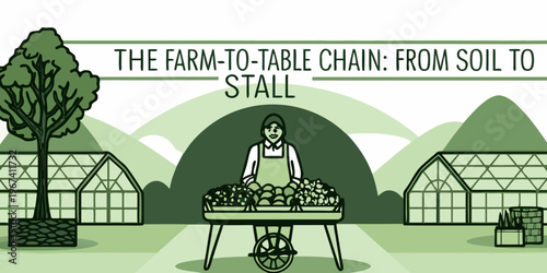 Illustration depicting the farm to table process with a market stall and farm elements