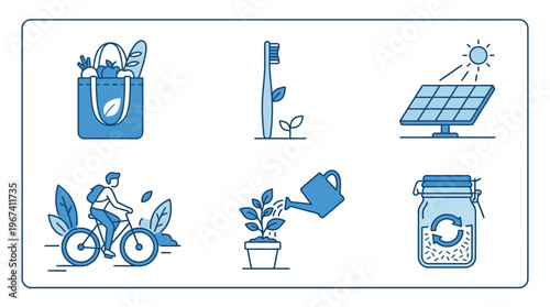 Sustainable lifestyle and eco-friendly practices line art icons set with reusable bag, solar panel, and watering plant on isolated white background.