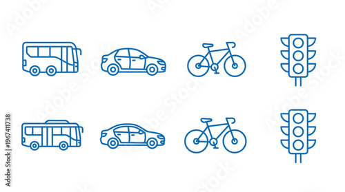 Comprehensive urban transportation line art icons set with bus, car, bicycle, traffic light, and scooter on isolated white background.
