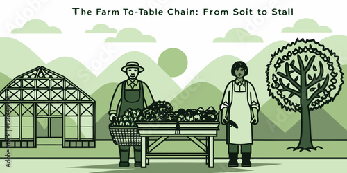 The farm to table chain illustrated with farmers produce and agricultural scenes