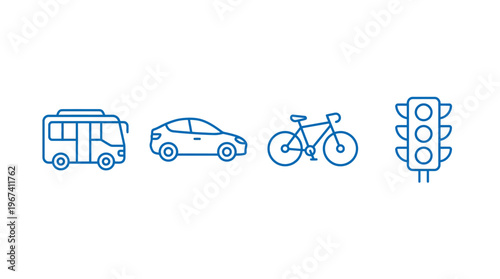 Common urban transportation line art icons set with bus, car, bicycle, and traffic light on isolated white background.