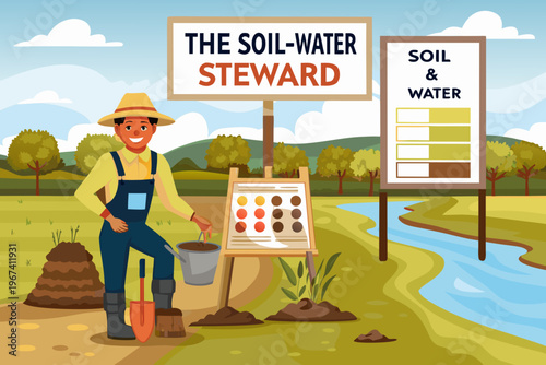 A farmer presents a soil water stewardship concept with colorful examples
