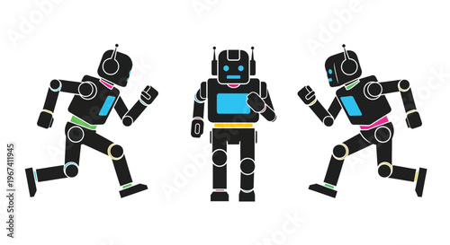 Three stylized robots depicted in a dynamic running or walking pose