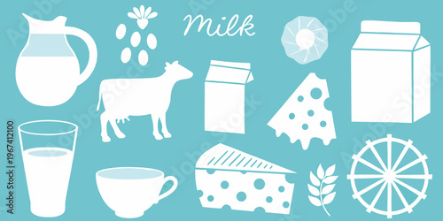Stylized illustration of dairy products including milk cheese and a cow