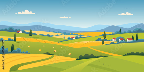 Rolling hills and farmland under a bright blue cloudy sky