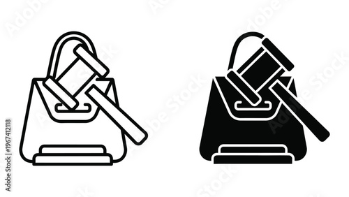 Microscopes depicted in contrasting styles with a handbag and a judge's gavel