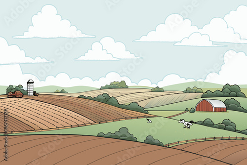 A peaceful countryside scene featuring rolling hills farmland and cows