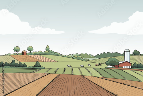 A peaceful countryside scene with rolling hills farmland and sheep