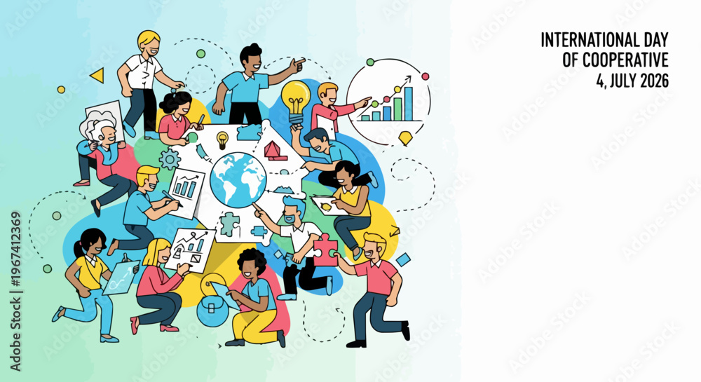 Fototapeta premium Diverse people collaborating on projects, celebrating international day cooperative. Team working with global ideas, charts, lightbulbs, emphasizing international day cooperative principles.