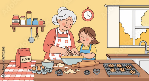 Grandmother granddaughter baking cookies in warm home kitchen, mixing dough with flour, eggs, cookie cutters nearby on table. Joyful grandmother granddaughter baking homemade treats,