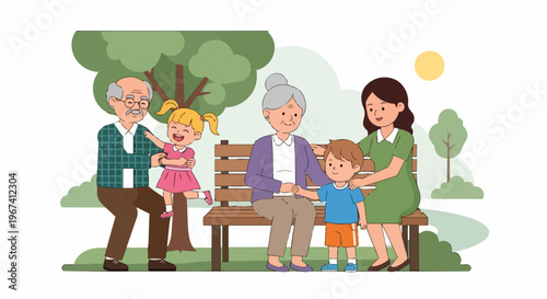 Multi generational family enjoying time together on park bench under summer sun. Multi generational family includes grandparents, mother, and two children sitting relaxed in green environment.
