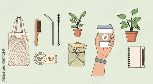 Collection of eco friendly products, showcasing mesh tote bag, wooden comb, metal straws, and green potted plants. Solid soap, wrapped package,