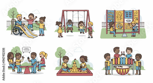 Kids playground fun features children on slides, swings, and seesaws. Young children engage in various outdoor kids playground fun, building sandcastles, playing musical instruments.