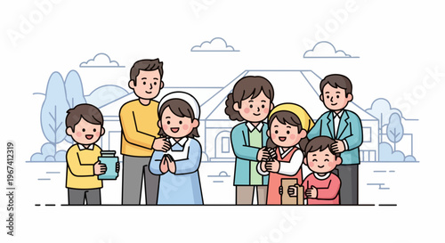 Happy family illustration depicts cheerful parents and children standing together, smiling broadly. Group of diverse individuals shows strong bonds, creating heartwarming scene.