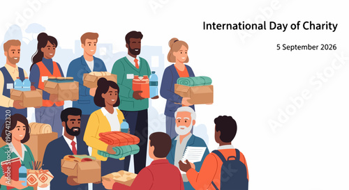 International Day of Charity celebration with diverse group of volunteers distributing essential goods. Community members participate in International Day of Charity event,