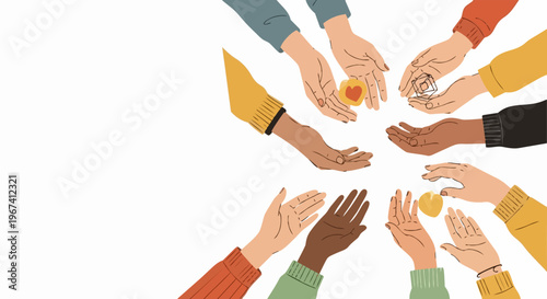 Illustrative image shows helping hands reaching inward, some holding heart shapes, symbolizing compassion. Diverse skin tones and colorful sleeves emphasize unity, collaboration, and mutual support.