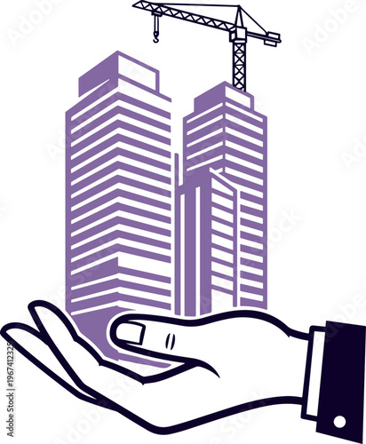 Vector Illustration of a Hand Holding Skyscrapers with Crane for Construction, Real Estate, and Business Growth Concepts