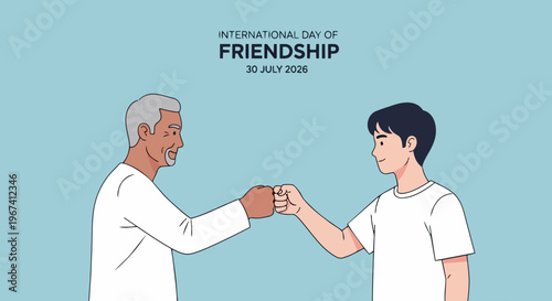 International Friendship Day illustration showing two men of different generations performing fist bump gesture on light blue background.