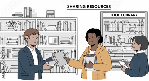 People sharing resources in collaborative community library setting, demonstrating efficient resource management through document exchange and tool library access.