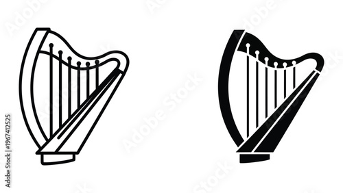 Two contrasting illustrations of a harp instrument with different artistic styles