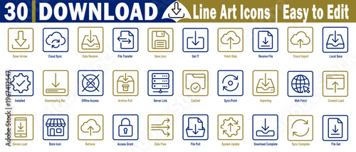 Download line art icons. Easy to edit with different elements, such as overall front cloud sync data material file transfer download get it vector illustration.