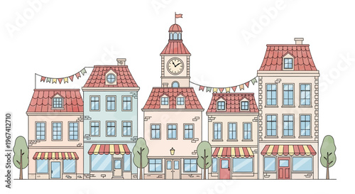 Charming street scene of colorful european buildings with a clock tower