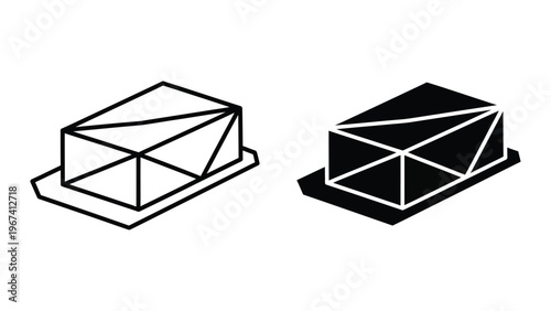 Isometric illustration of transparent and solid geometric box structures with base platforms