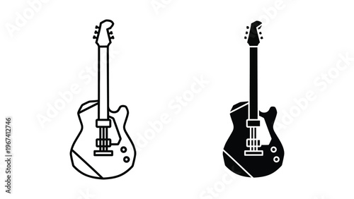 Contrast between classic and modern electric guitar designs in black and white illustration