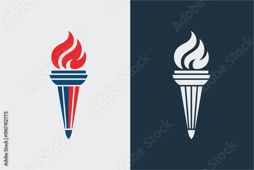 Red white and blue torch symbol representing freedom and Olympic games, isolated on white and navy blue background