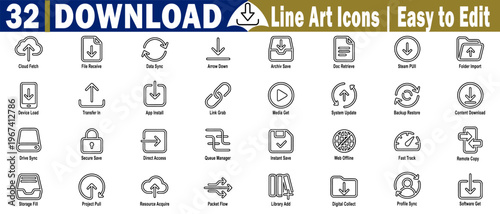 Download line art icons. Easy to edit with different elements such as cloud fetch file receive data sync arrow down archive save doc retrieve vector illustration.