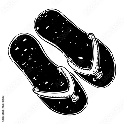 A pair of black and white flip-flops with a distressed, grunge texture, seen from an overhead perspective.